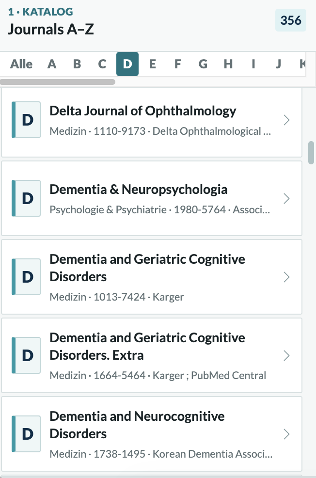 Journals A–Z mit Titel, Fachgebiet und ISSN