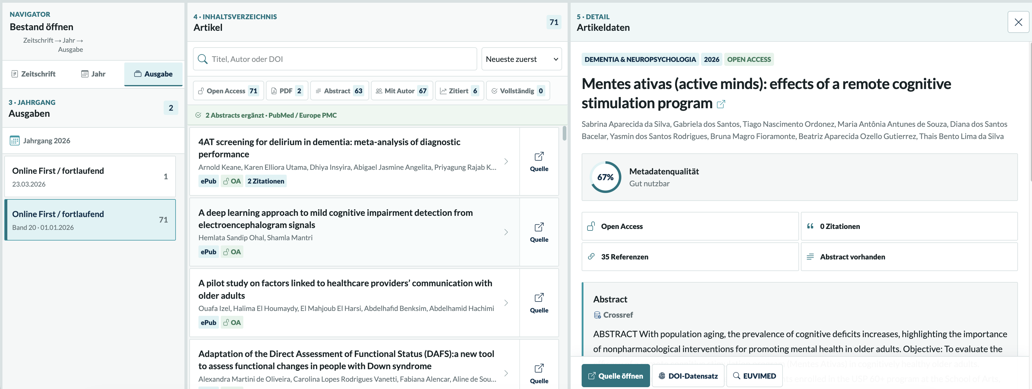 Ausgabe, Inhaltsverzeichnis und Artikeldetails in einer Ansicht