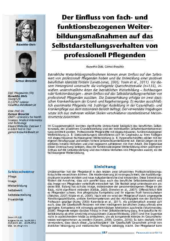 Der Einfluss von fachund funktionsbezogenen Weiterbildungsmaßnahmen auf das Selbstdarstellungsverhalten von professionell Pflegenden