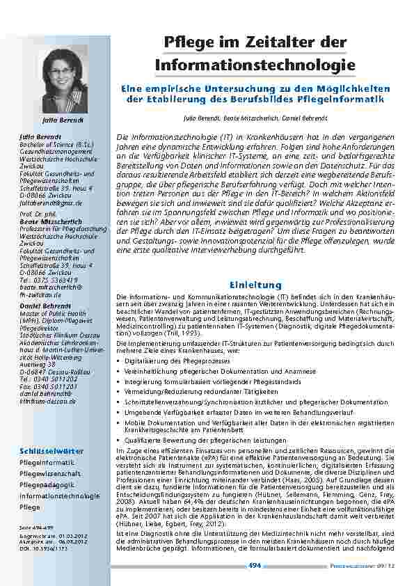Pflege im Zeitalter der Informationstechnologie - Eine empirische Untersuchung zu den Möglichkeiten der Etablierung des Berufsbildes Pflegeinformatik
