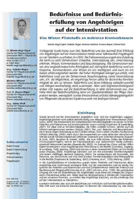 Bedürfnisse und Bedürfniserfüllung von Angehörigen auf der Intensivstation - Eine Wiener Pilotstudie an mehreren Krankenhäusern