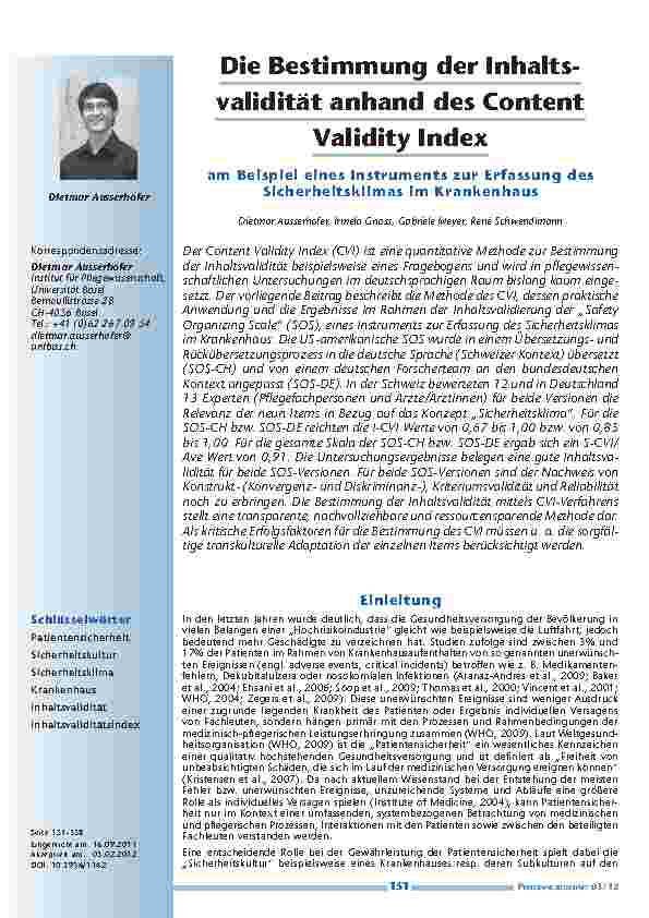 Die Bestimmung der Inhaltsvalidität anhand des Content Validity Index am Beispiel eines Instruments zur Erfassung des Sicherheitsklimas im Krankenhaus