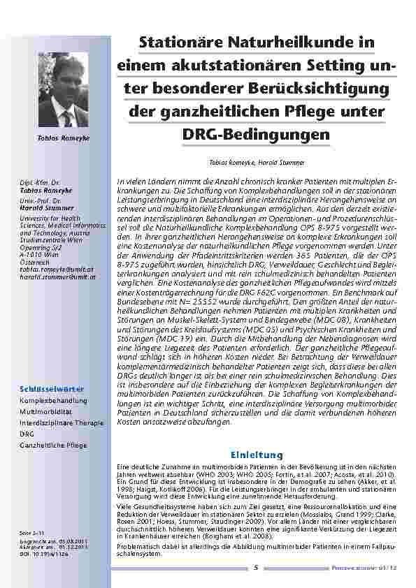 Stationäre Naturheilkunde in einem akutstationären Setting unter besonderer Berücksichtigung der ganzheitlichen Pflege unter DRG-Bedingungen