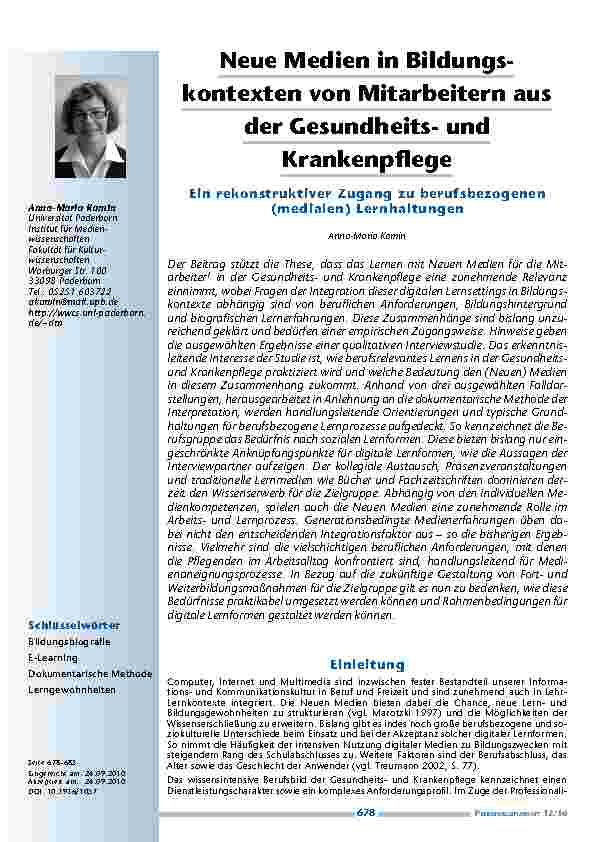 Neue Medien in Bildungskontexten von Mitarbeitern aus der Gesundheitsund Krankenpflege. Ein rekonstruktiver Zugang zu berufsbezogenen (medialen) Lernhaltungen