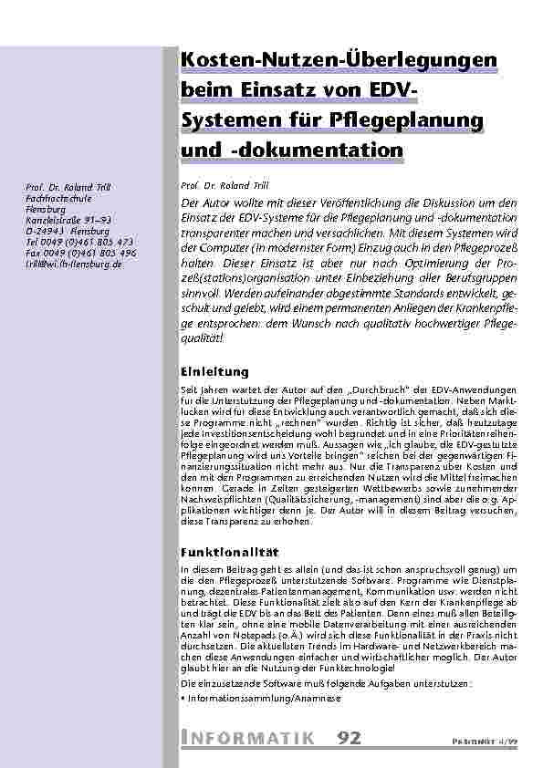 Kosten-Nutzen-Überlegungen beim Einsatz von EDV-Systemen für Pflegeplanung und -dokumentation