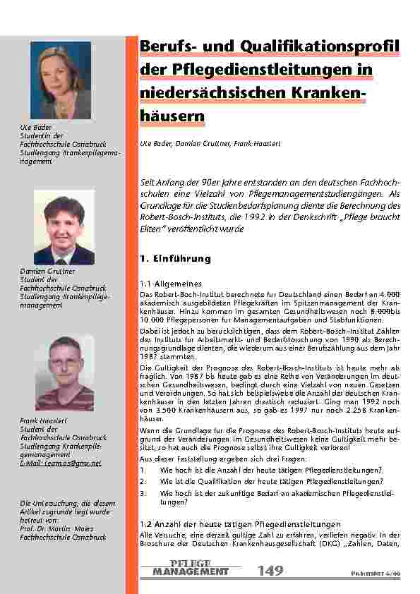 Berufsund Qualifikationsprofil der Pflegedienstleitungen in niedersächsischen Kranken-häusern