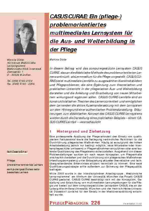 CASUS CURAE: Ein (pflege) problemorientiertes multimediales Lernsystem für die Ausund Weiterbildung in der Pflege