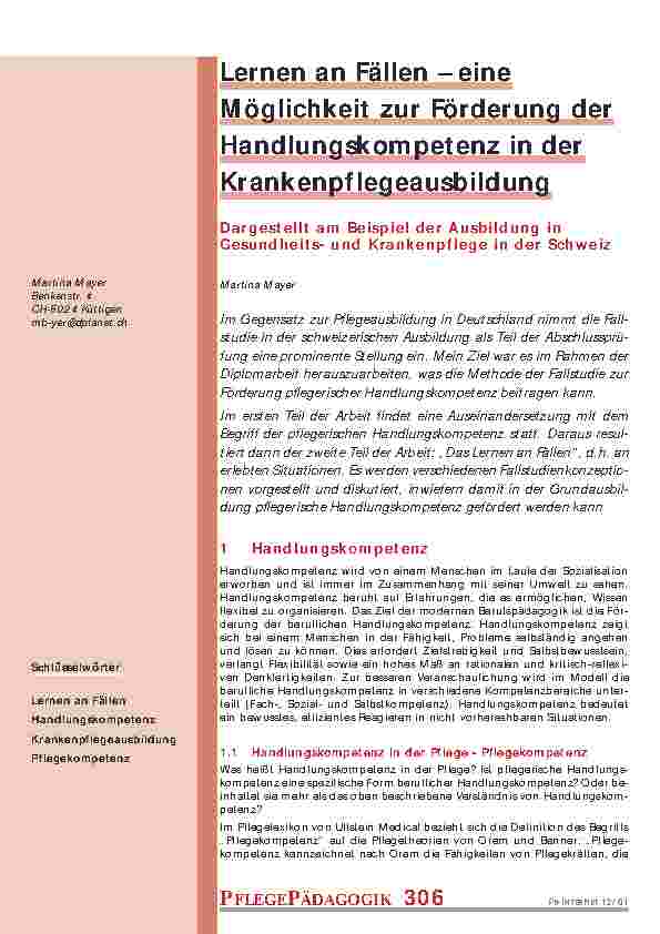 Lernen an Fällen -eine Möglichkeit zur Förderung der Handlungskompetenz in der Krankenpflegeausbildung