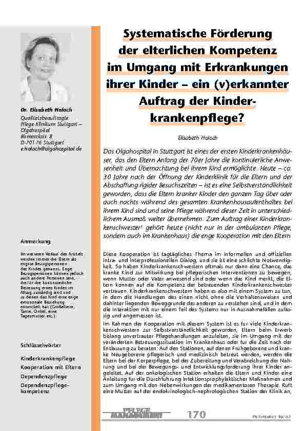 Systematische Förderung der elterlichen Kompetenz im Umgang mit Erkrankungen ihrer Kinder – ein (v)erkannter Auftrag der Kinderkrankenpflege?