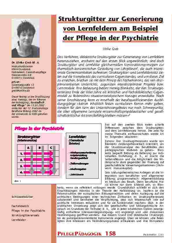 Strukturgitter zur Generierungvon Lernfeldern am Beispielder Pflege in der Psychiatrie