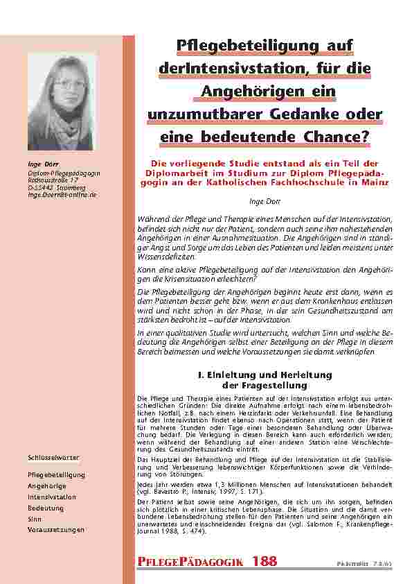 Pflegebeteiligung aufderIntensivstation, für dieAngehörigen einunzumutbarer Gedanke odereine bedeutende Chance?