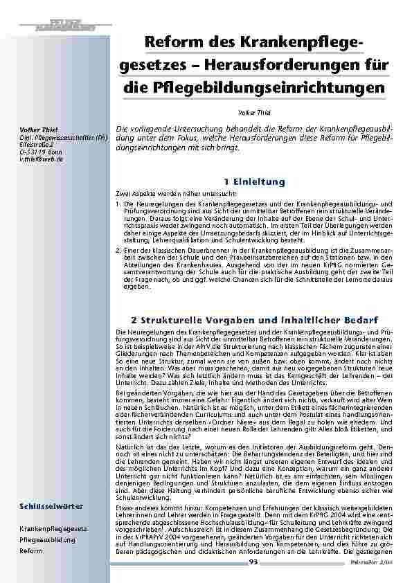 Reform des Krankenpflegegesetzes – Herausforderungen fürdie Pflegebildungseinrichtungen