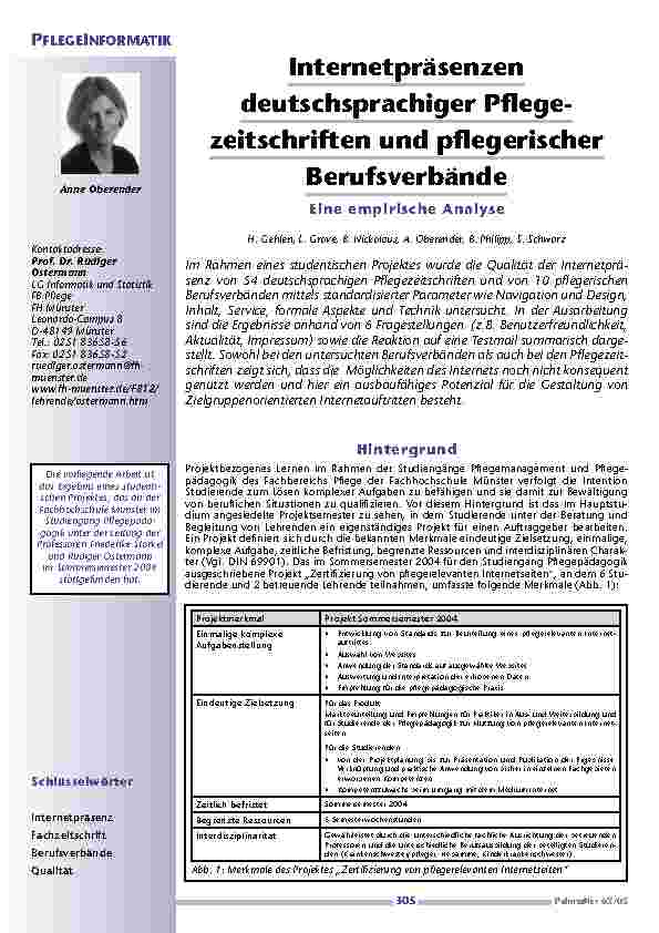 Internetpräsenzen deutschsprachiger Pflege-zeitschriften und pflegerischer Berufsverbände