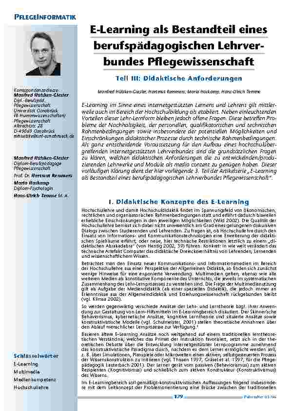 E-Learning als Bestandteil einesberufspädagogischen Lehrverbundes Pflegewissenschaft. Teil III: Didaktische Anforderungen