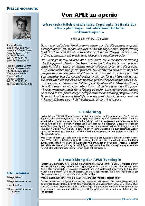 Von APLE zu apenio: wissenschaftlich entwickelte Typologie ist Basis der Pflegeplanungsund -dokumentationssoftware apenio