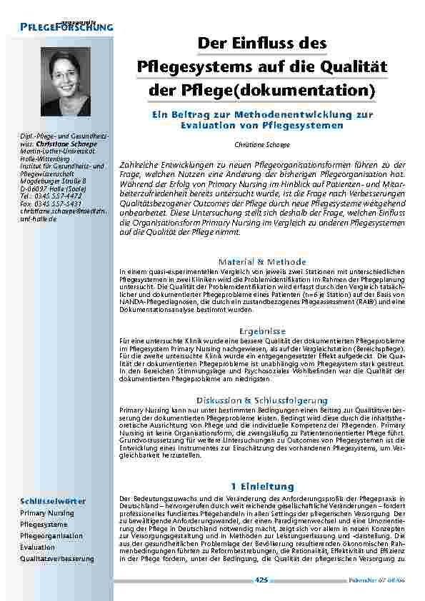 Der Einfluss des Pflegesystems auf die Qualität der Pflege(dokumentation)