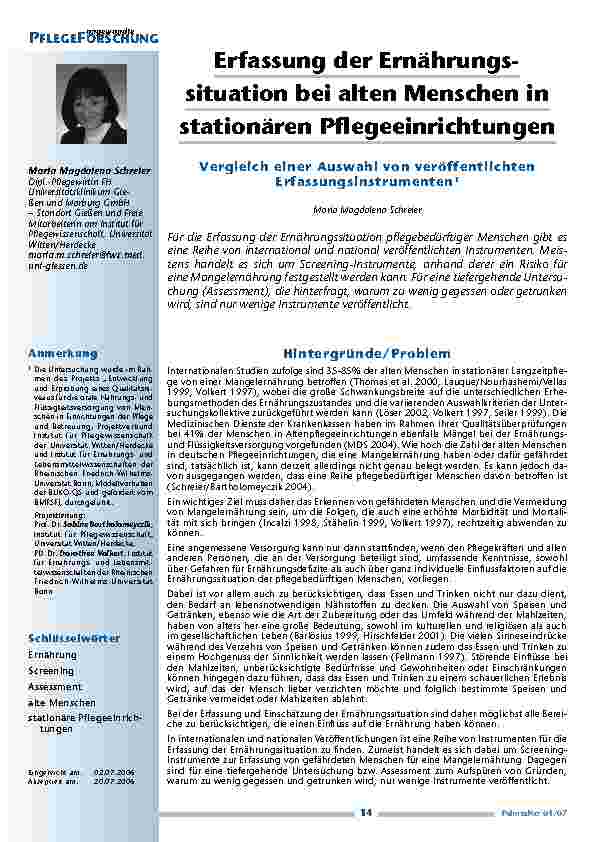 Erfassung der Ernährungssituation bei alten Menschen instationären Pflegeeinrichtungen
