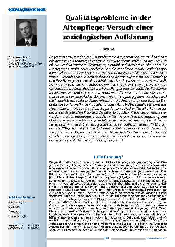 Qualitätsprobleme in derAltenpflege: Versuch einersoziologischen Aufklärung