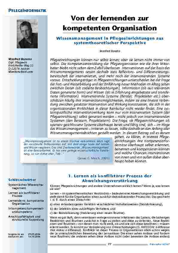 Von der lernenden zurkompetenten Organisation. Wissensmanagement in Pflegeeinrichtungen aussystemtheoretischer Perspektive