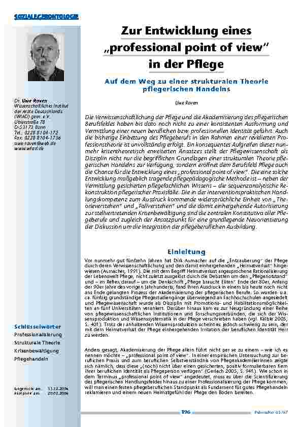 Zur Entwicklung eines„professional point of view“in der Pflege. Auf dem Weg zu einerstrukturalen Theoriepflegerischen Handelns