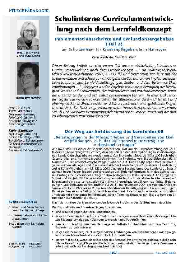 Schulinterne Curriculumentwicklungnach dem Lernfeldkonzept - Implementationsschritte und Evaluationsergebnisse am Schulzentrum für Krankenpflegeberufe in Hannover. (Teil 2)