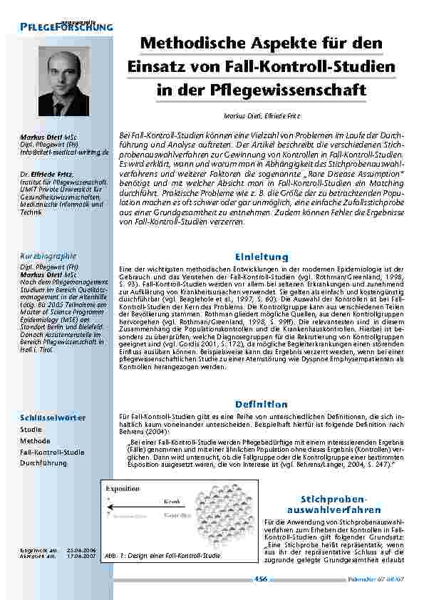 Methodische Aspekte für denEinsatz von Fall-Kontroll-Studienin der Pflegewissenschaft