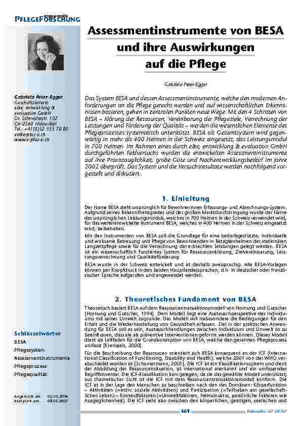 Assessmentinstrumente von BESAund ihre Auswirkungenauf die Pflege
