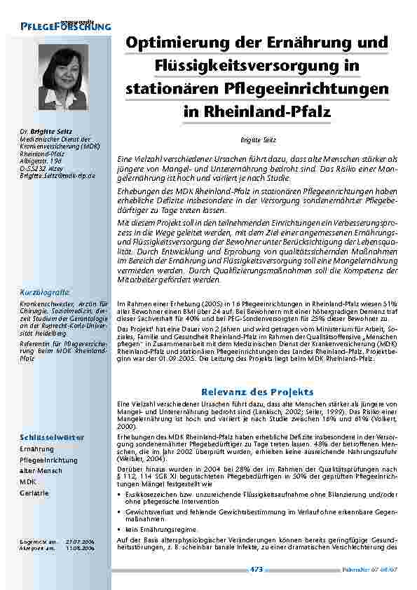 Optimierung der Ernährung undFlüssigkeitsversorgung instationären Pflegeeinrichtungenin Rheinland-Pfalz