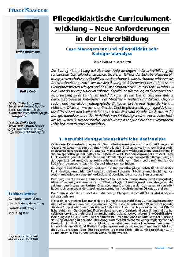 Pflegedidaktische Curriculumentwicklung – Neue Anforderungen in der Lehrerbildung Case Management und pflegedidaktische Kategorialanalyse