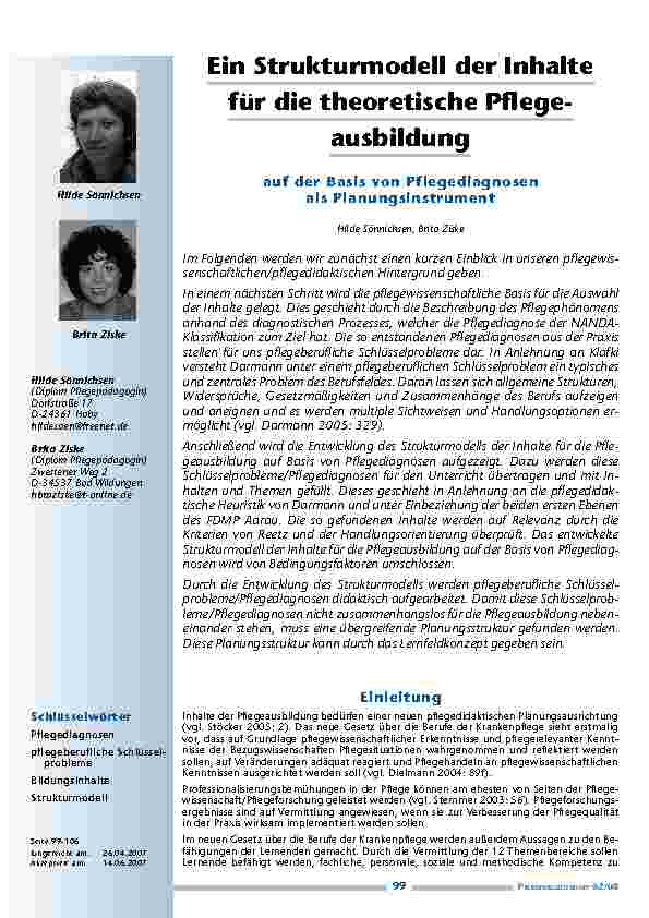 Ein Strukturmodell der Inhaltefür die theoretische Pflegeausbildungauf der Basis von Pflegediagnosenals Planungsinstrument