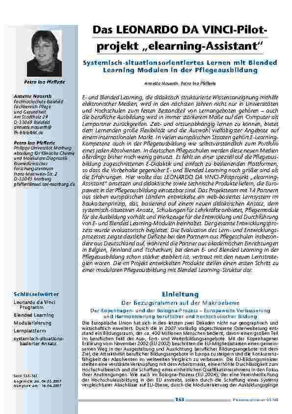 Das LEONARDO DA VINCI-Pilotprojekt „elearning-Assistant“ - Systemisch-situationsorientiertes Lernen mit Blended Learning Modulen in der Pflegeausbildung