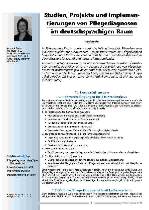 Studien, Projekte und Implementierungen von Pflegediagnosen im deutschsprachigen Raum
