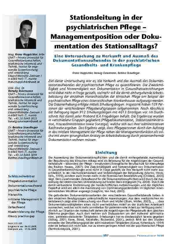 Stationsleitung in der psychiatrischen Pflege – Managementposition oder Dokumentation des Stationsalltags? Eine Untersuchung zu Herkunft und Ausmaß des Dokumentationsaufwandes in der psychiatrischen Gesundheitsund Krankenpflege