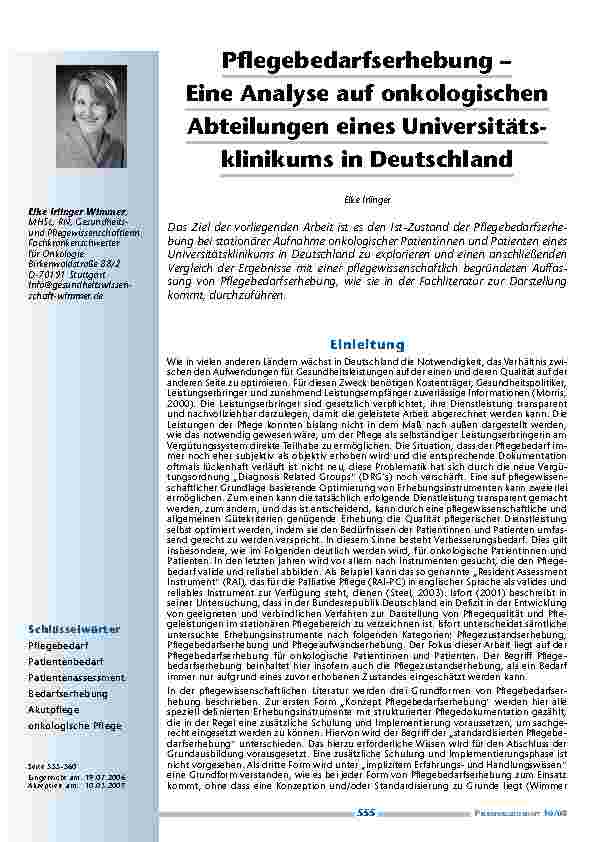 Pflegebedarfserhebung – Eine Analyse auf onkologischen Abteilungen eines Universitätsklinikums in Deutschland