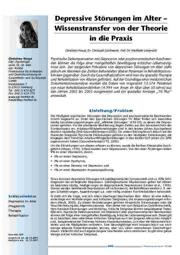 Depressive Störungen im Alter – Wissenstransfer von der Theorie in die Praxis