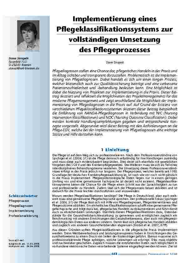 Implementierung eines Pflegeklassifikationssystems zur vollständigen Umsetzung des Pflegeprozesses