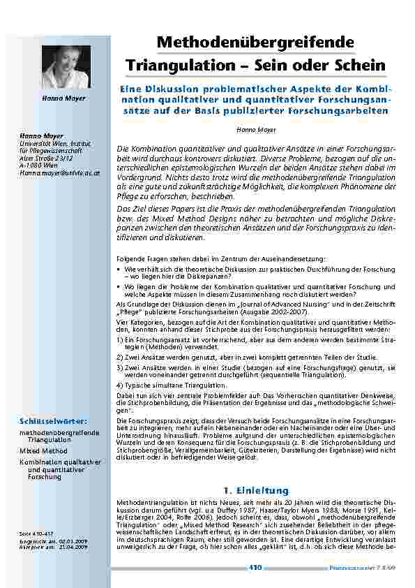 Methodenübergreifende Triangulation – Sein oder Schein. Eine Diskussion problematischer Aspekte der Kombination qualitativer und quantitativer Forschungsansätze auf der Basis publizierter Forschungsarbeiten