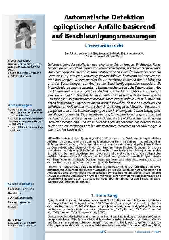 Automatische Detektion epileptischer Anfälle basierend auf Beschleunigungsmessungen – Literaturübersicht