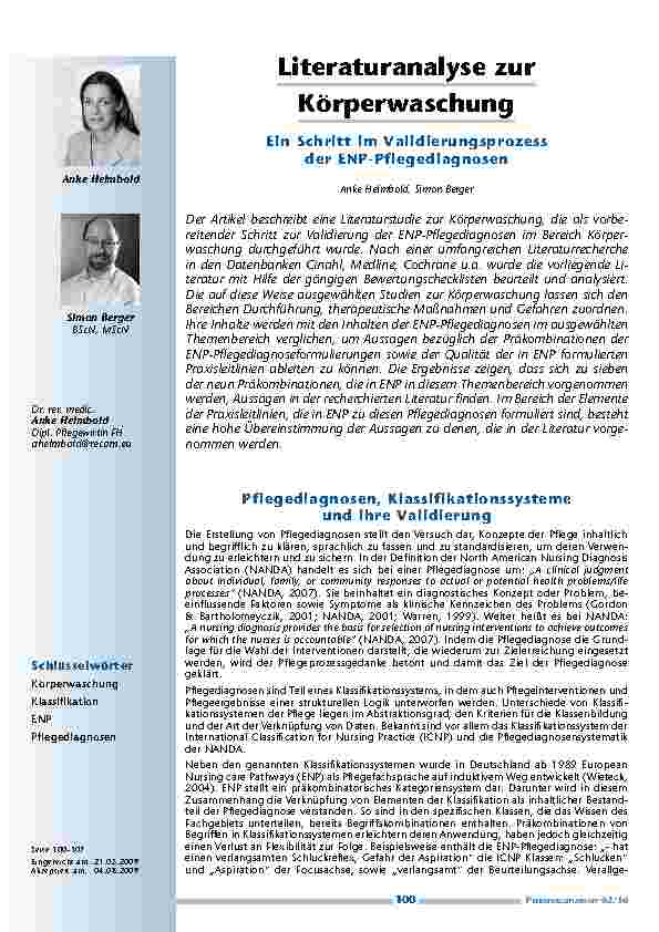 Literaturanalyse zur Körperwaschung – Ein Schritt im Validierungsprozess der ENP-Pflegediagnosen