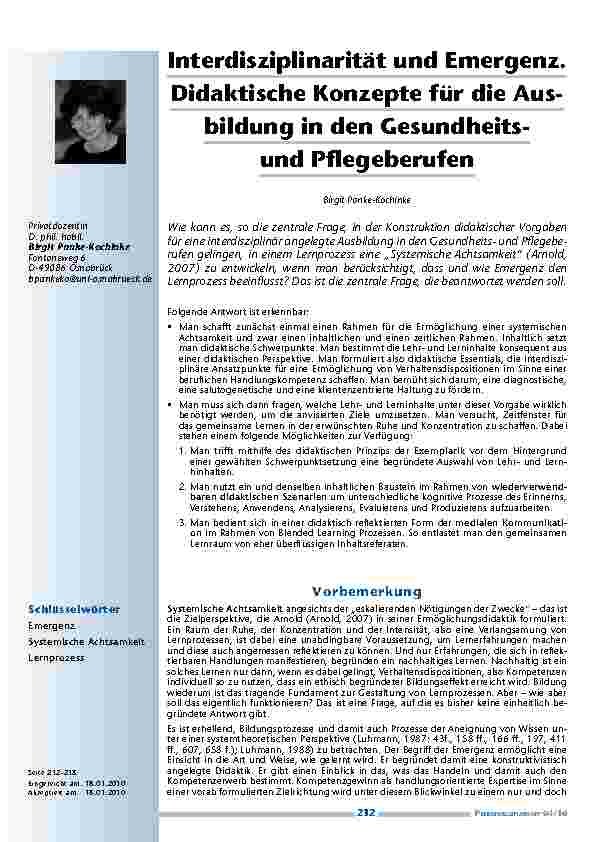 Interdisziplinarität und Emergenz. Didaktische Konzepte für die Ausbildung in den Gesundheitsund Pflegeberufen