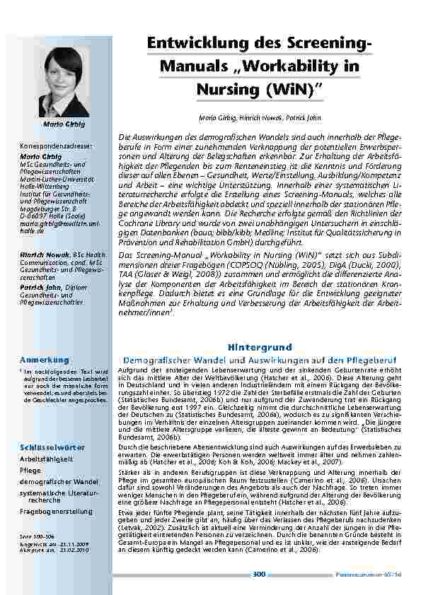 Entwicklung des Screening-Manuals „Workability in Nursing (WiN)”