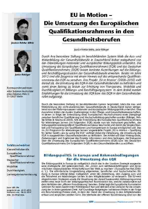 EU in Motion – Die Umsetzung des Europäischen Qualifikationsrahmens in den Gesundheitsberufen