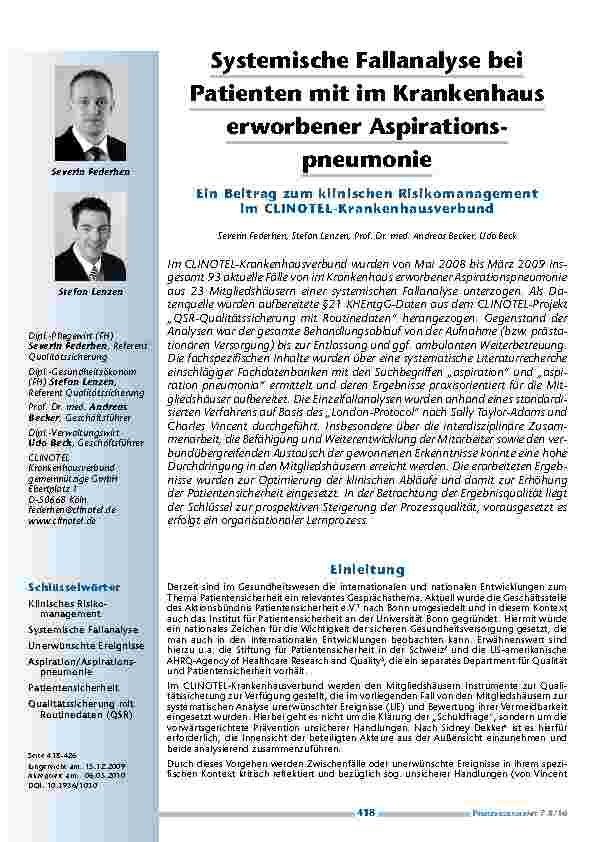 Systemische Fallanalyse bei Patienten mit im Krankenhaus erworbener Aspirationspneumonie. Ein Beitrag zum klinischen Risikomanagement im CLINOTEL-Krankenhausverbund
