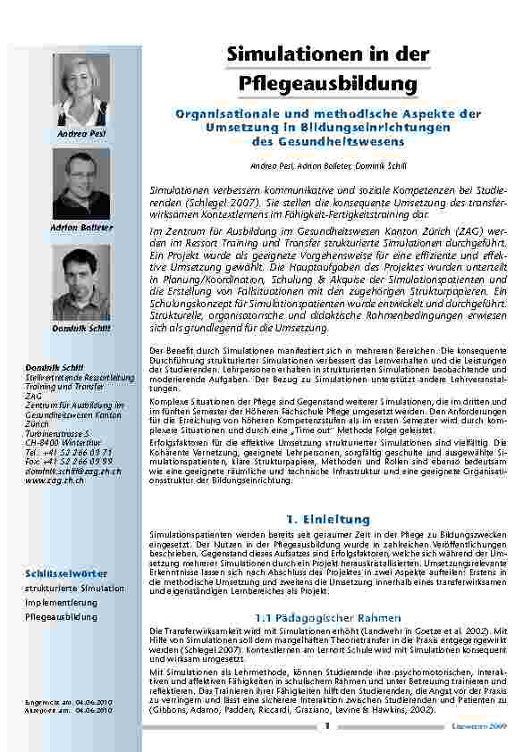 Simulationen in der Pflegeausbildung. Organisationale und methodische Aspekte der Umsetzung in Bildungseinrichtungen des Gesundheitswesens