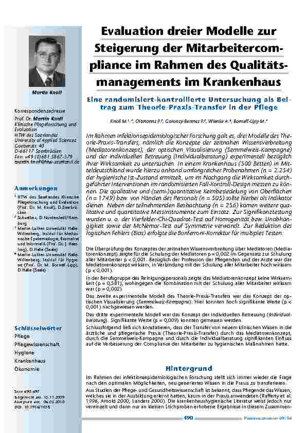 Evaluation dreier Modelle zur Steigerung der Mitarbeitercompliance im Rahmen des Qualitätsmanagements im Krankenhaus. Eine randomisiert-kontrollierte Untersuchung als Beitrag zum Theorie-Praxis-Transfer in der Pflege