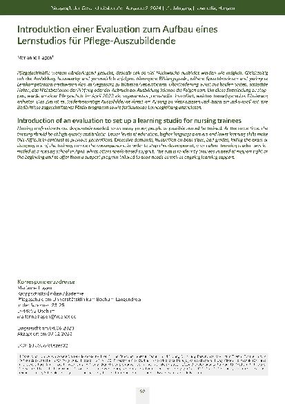 Einführung einer Evaluation zum Aufbau eines Lernstudios für Pflegeauszubildende