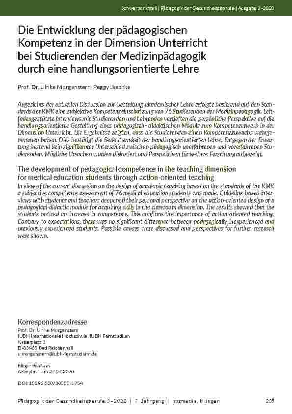 Die Entwicklung der pädagogischen Kompetenz in der Dimension Unterricht bei Studierenden der Medizinpädagogik durch eine handlungsorientierte Lehre.