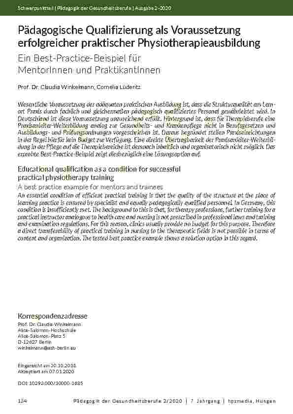 Pädagogische Qualifizierung als Voraussetzung erfolgreicher praktischer Physiotherapieausbildung: Ein Best-Practice-Beispiel für Mentorinnen und Praktikantinnen.