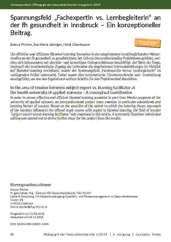 Spannungsfeld „FachexpertIn vs. LernbegleiterIn“ an der fh gesundheit in Innsbruck – Ein konzeptioneller Beitrag.