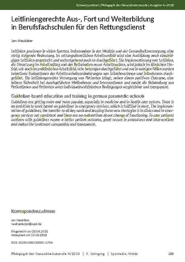 Leitliniengerechte Aus-, Fort und Weiterbildung in Berufsfachschulen für den Rettungsdienst
